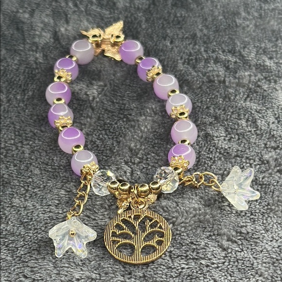 Butterfly 🦋 🌺 Flower & Tree of Life Gold & Purple Dangling 3d Charm Bracelet - Picture 9 of 10